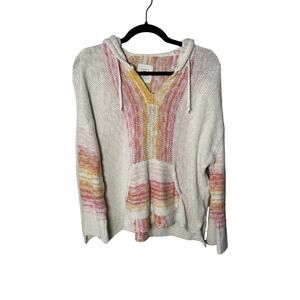 Rip Curl Hooded Knit Poncho Sweater M Cream Pink Yellow Stripe Boho Beach Hoodie